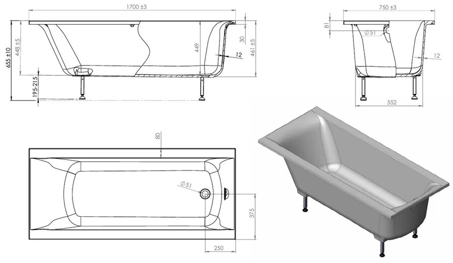 Ванна из литьевого мрамора Astra-Form Нью-Форм 1010046, 170 х 75 см, белый (детальная фотография), 170х75