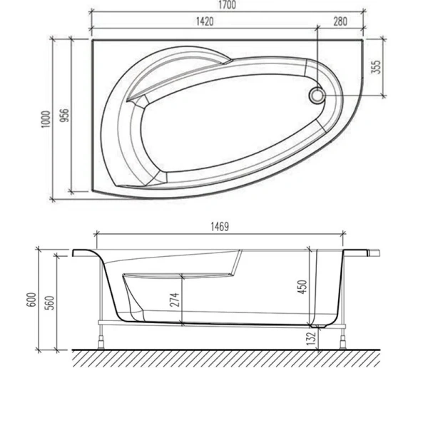 Акриловая ванна Eurolux Bagi, 170 х 100 см, белая, L/R E2017010008L (детальная фотография), современныe, hi-tech