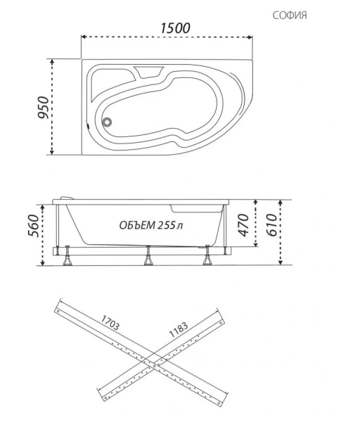 Ванна акриловая Triton OMP София Щ0000067269/Щ0000067270, 150 x 95 см, левая/правая, белая (детальная фотография), акриловые