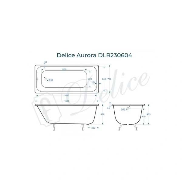 Ванна чугунная Delice Aurora 160x75 белая DLR230604 (детальная фотография), чугунные