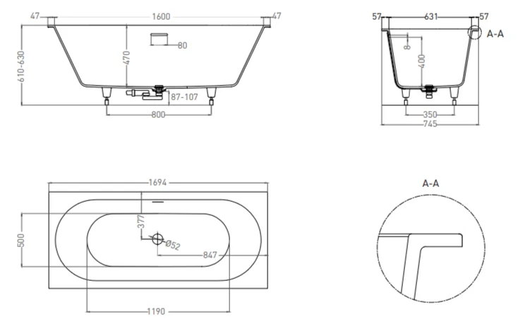 Ванна из искусственного камня Salini Ornella Axis Kit 170х75 см прямоугольная 103523M (детальная фотография), искусственный камень