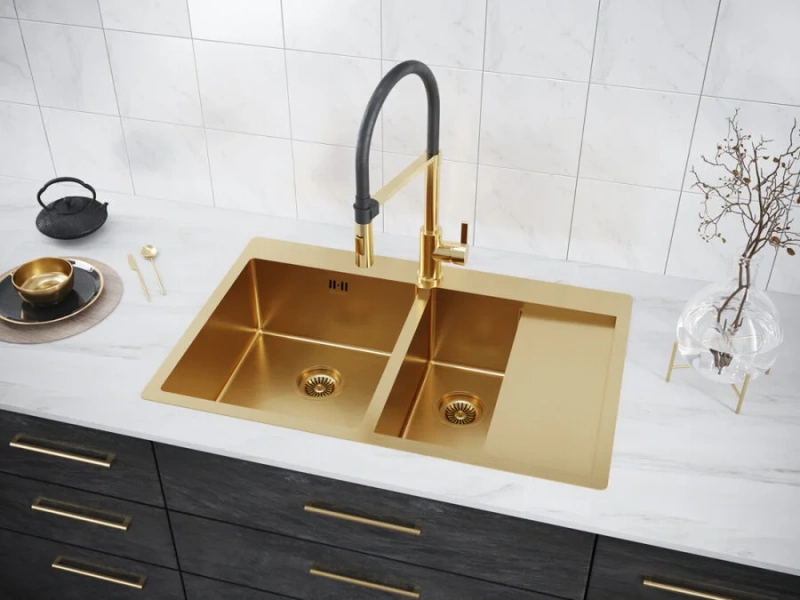 Мойка для кухни Paulmark Liga 78 см брашированное золото, правосторонняя PM227851-BGR (детальная фотография), прямоугольной формы