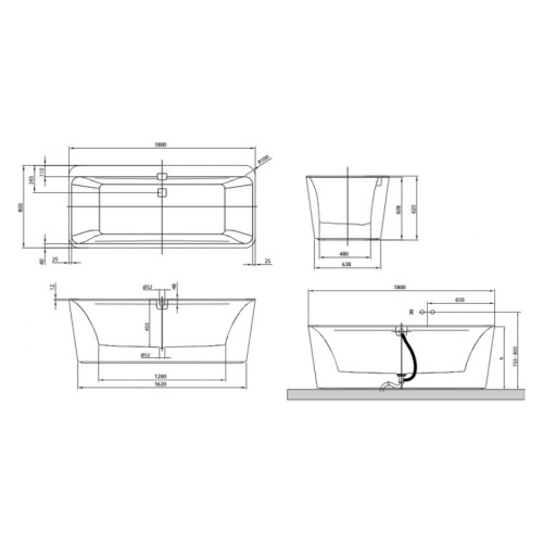 Ванна квариловая Villeroy & Boch Squaro Edge 12 180х80 см с панелью и обвязкой, белая UBQ180SQE7PDV-01 (детальная фотография), без гидромассажа, большие