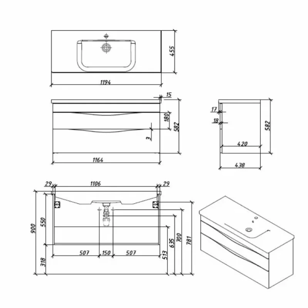 Тумба под раковину подвесная Caprigo Lento 120 см стилл 36216-SF028 (детальная фотография), в наличии