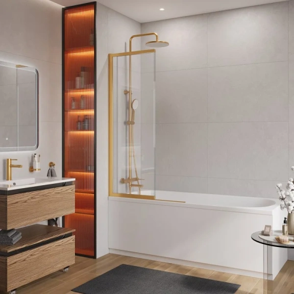 Шторка для ванны Cezares Slider 90х150 см стекло прозрачное профиль золото SLIDER-FIX-VF-11-90/150-C-BORO (детальная фотография), золотой профиль