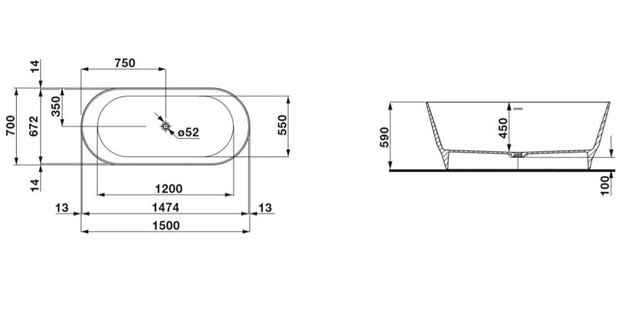 Ванна Laufen Pro 2.4395.2.000.000.1, 150 х 70 см, овальная (детальная фотография), искусственный камень