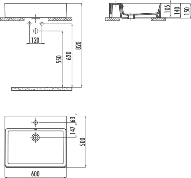 Раковина Creavit Volga 60 см прямоугольная VX260-00CB00E-0000 (детальная фотография), современные, hi-tech