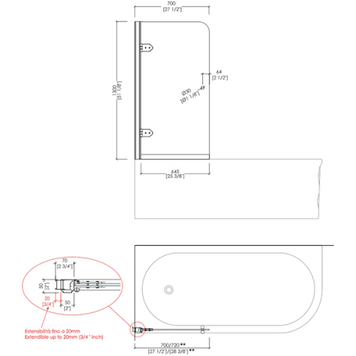 Душевая шторка левая, прозрачное стекло, фурнитура светлое золото, Devon&Devon Savoy S/70SXTransparenteOT (детальная фотография), по запросу