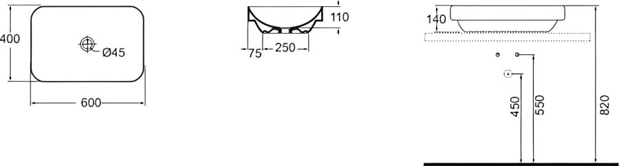 Раковина Azzurra Elegance 60 см прямоугольная ELLG060400S0BI/(ESO60 bi)*0 (детальная фотография), накладные (на столешницу), пристенные