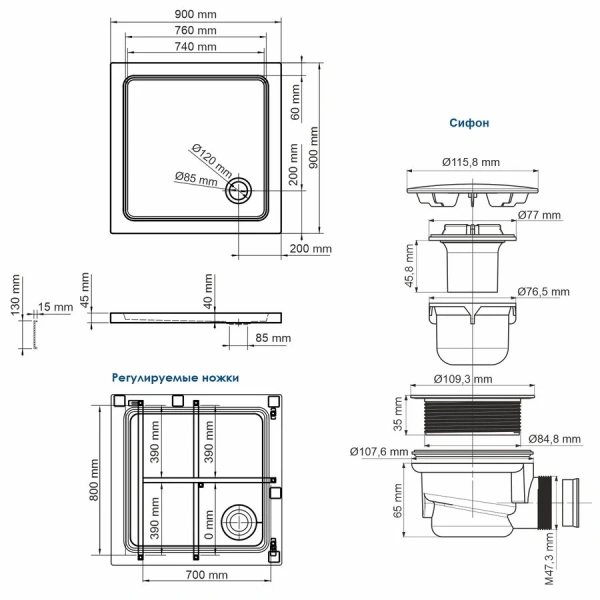 Душевой поддон WasserKRAFT Amper 90x90 см белый 29T03 (детальная фотография), акриловые