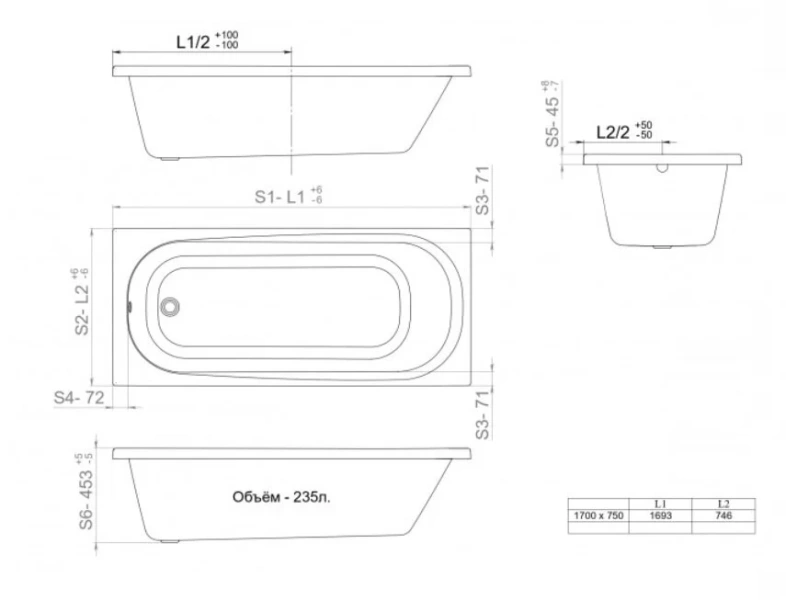 Ванна акриловая Triton OMP Дина Щ0000050444, 170 x 75 см, белая (детальная фотография), современныe, hi-tech