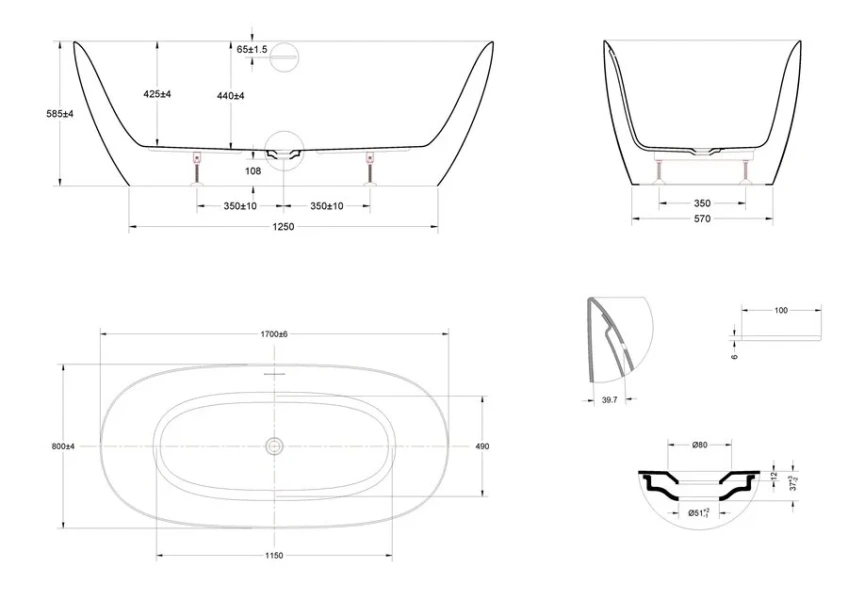 Ванна акриловая Vincea VBT-701-1700MW, 170 x 80 см, белая матовая (детальная фотография), акриловые