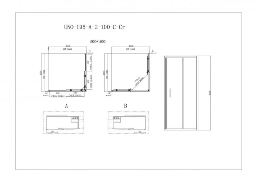 Душевой уголок BelBagno Uno-195 100х100 см стекло прозрачное UNO-195-A-2-100-C-Cr (детальная фотография), квадратные