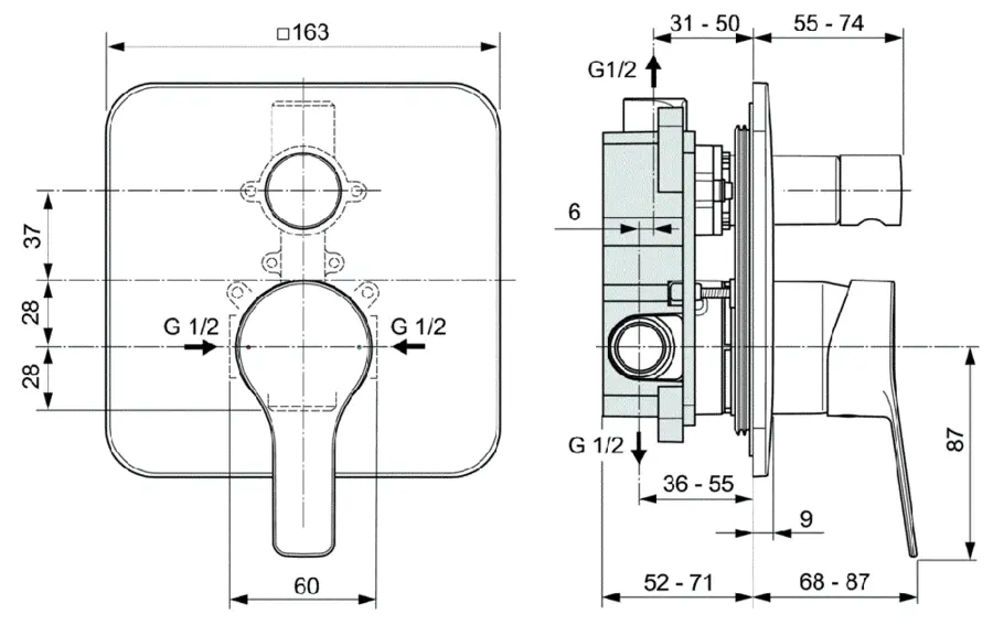 Смеситель для душа Ideal Standard Entella с внутренней частью A6949AA (детальная фотография), для душа