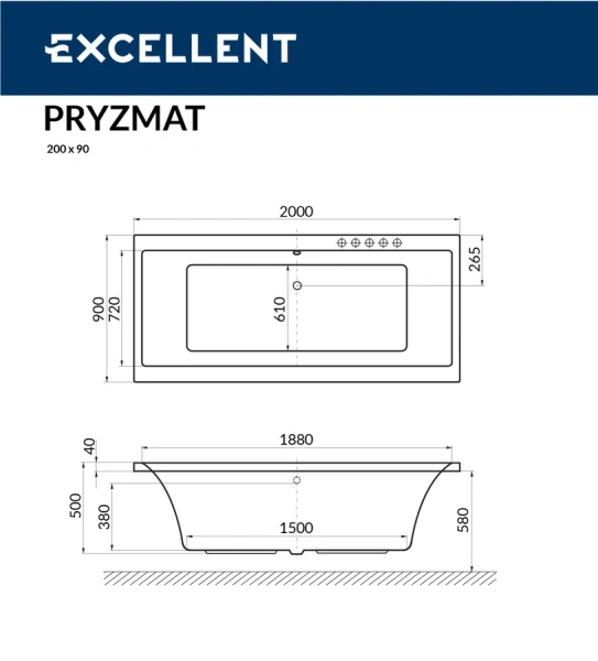 Ванна акриловая Excellent Pryzmat 200 х 90 см, цвет белый, WAEX.PRY20WH (детальная фотография), прямоугольные