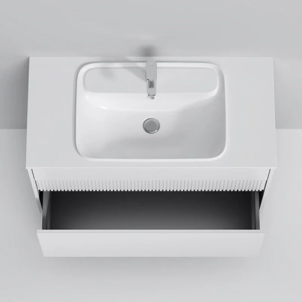 Тумба с раковиной подвесная Am.Pm Func M8FFUX1002WM 100 см с ящиками (детальная фотография), с деревянной столешницей