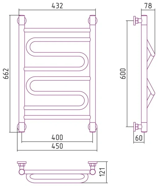 Полотенцесушитель водяной Сунержа Элегия+ 0205-6040 40х60 см из нержавеющей стали (детальная фотография), современные, hi-tech