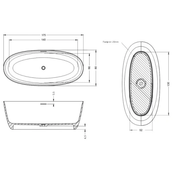 Ванна из искусственного камня Riho Oval B152001105, 175 x 80 см, цвет белый (детальная фотография), искусственный камень