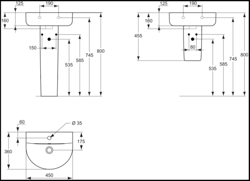 Раковина Ideal Standard Connect 45 см с 1-м отверстием под смеситель E796801 (детальная фотография), подвесные, накладные (на столешницу), на полупьедестал, пристенные