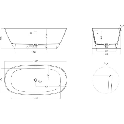 Ванна из искусственного камня Salini Sofia 185x90 см белый матовый 102529M (детальная фотография), без гидромассажа, большие