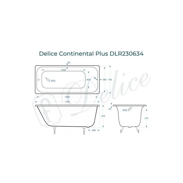 Ванна чугунная Delice Continental Plus 170х70 см белая DLR230634 (детальная фотография), чугунные