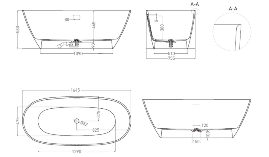 Ванна из искусственного камня Salini Sofia 165x75 см белая глянцевая 102511G (детальная фотография), литьевой мрамор