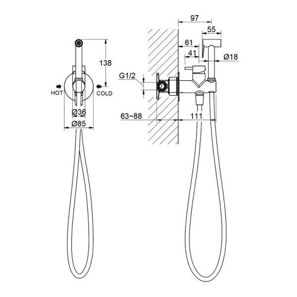 Гигиенический душ со смесителем Timo Saona никель 2337/13SM (детальная фотография), полный комплект со смесителем