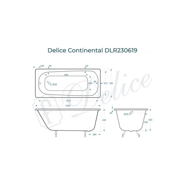 Ванна чугунная Delice Continental DLR230619 140x70 см с защитным покрытием (детальная фотография), чугунные