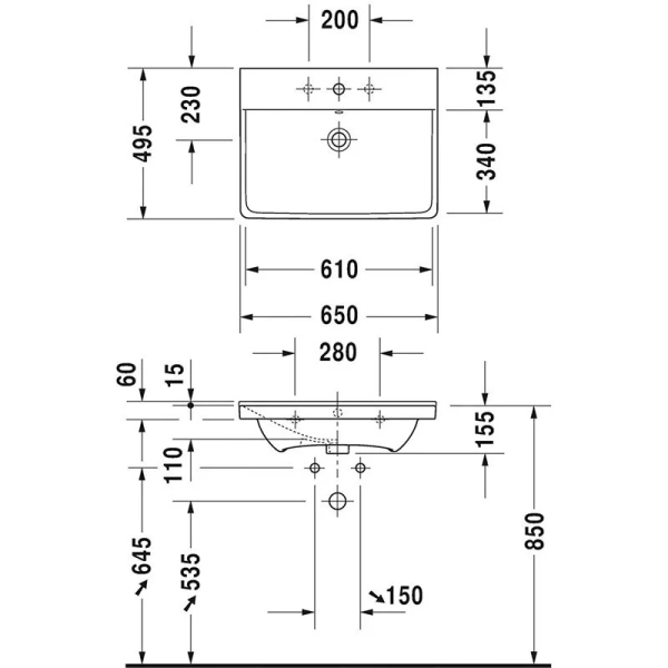Раковина встраиваемая Duravit P3 Comforts 23326500 (детальная фотография), встраиваемые (в столешницу)