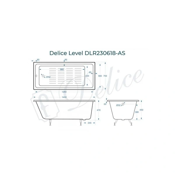 Ванна чугунная Delice Level 140x70 с антискользящим покрытием DLR230618-AS (детальная фотография), чугунные