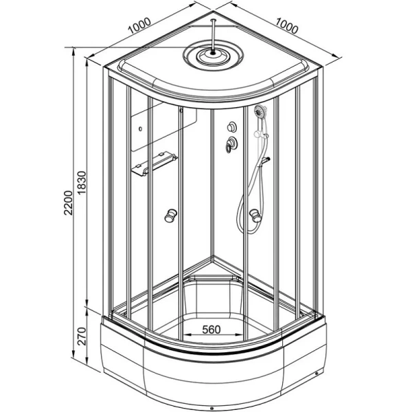 Душевая кабина Deto D 100х100 см с электрикой D271SEL (детальная фотография), полукруглые, четверть круга