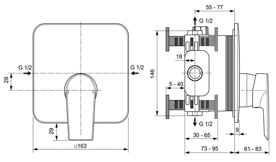 Смеситель для душа Ideal Standard Edge A7123AA с внутренней частью (детальная фотография), для душа