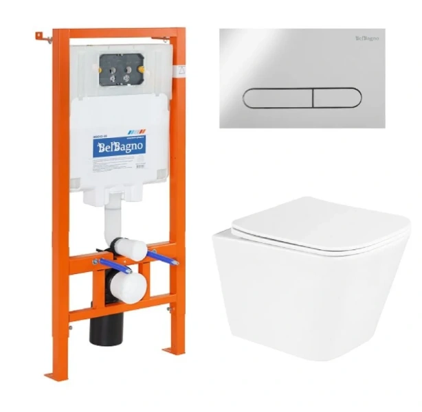 Унитаз с инсталляцией BelBagno Due с кнопкой смыва хром BB3103CHR/SC/BB002-80/BB005-PR-CHROME (детальная фотография)