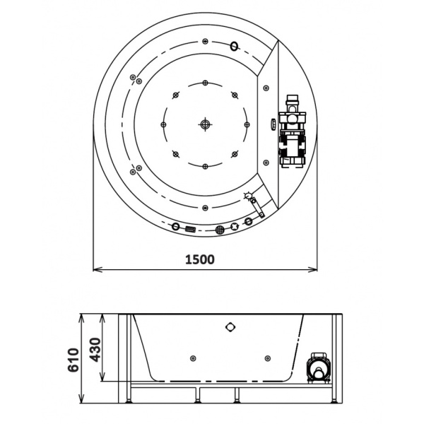 Схема (детальная фотография), с гидромассажем, со смесителем на борту, большие