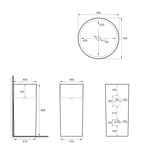 Раковина напольная SantiLine 45 см белая матовая SL-4014MW (детальная фотография), современные, hi-tech