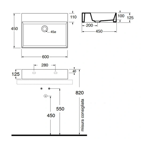 Раковина Azzurra Elegance 60 см прямоугольная ELLP060450QMBI/(EQA60M bi)*1 (детальная фотография), современные, hi-tech