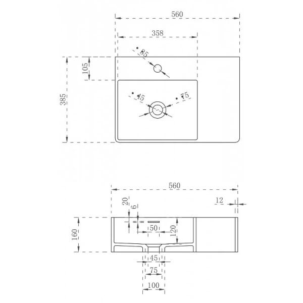 Раковина Abber Stein 56 см левосторонняя AS2644 L (детальная фотография), современные, hi-tech