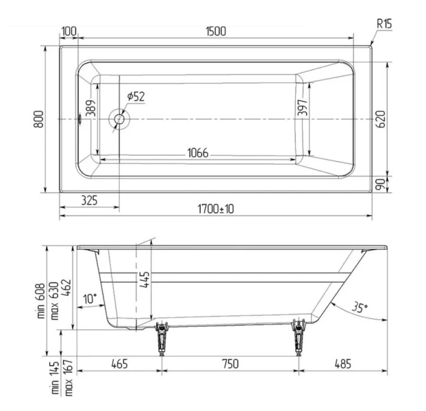 Ванна чугунная Wotte Line БП-э00д1473, 170 x 80 см, белый (детальная фотография), современныe, hi-tech