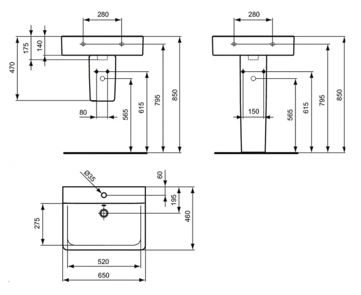 Раковина Ideal Standard Connect E7730 65 см белая (детальная фотография), современные, hi-tech