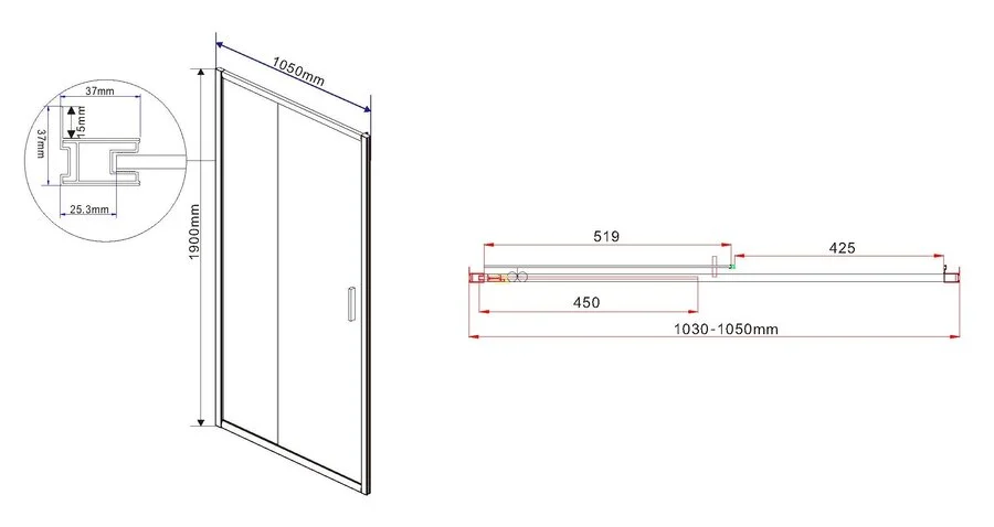 Душевая дверь в нишу Vincea Garda VDS-1G105 см профиль хром (детальная фотография), современные, hi-tech