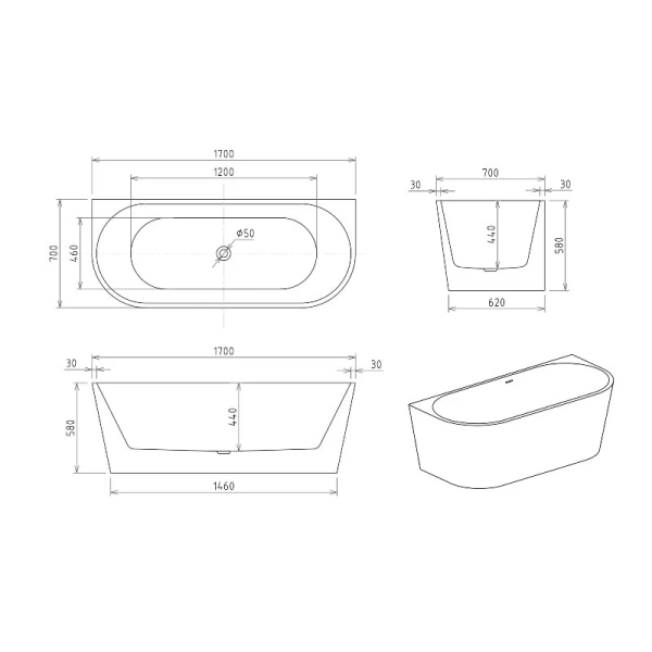 Ванна акриловая Royal Bath Riva RB610211CH, 170 x 70 см, цвет белый (детальная фотография), акриловые