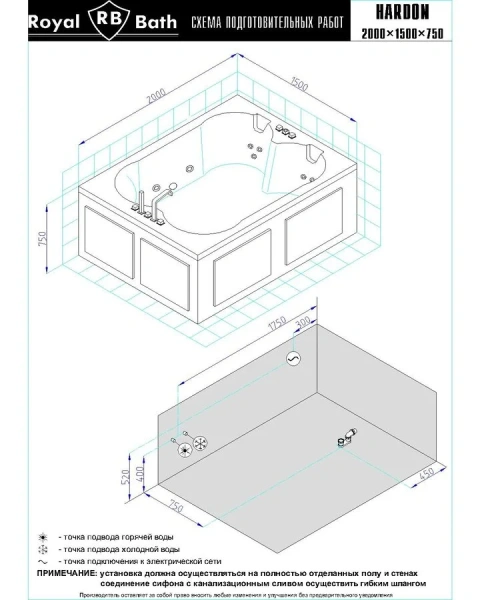 Ванна гидромассажная Royal Bath Hardon De Luxe RB083100DL, 200 x 150 см, белая (детальная фотография), современныe, hi-tech