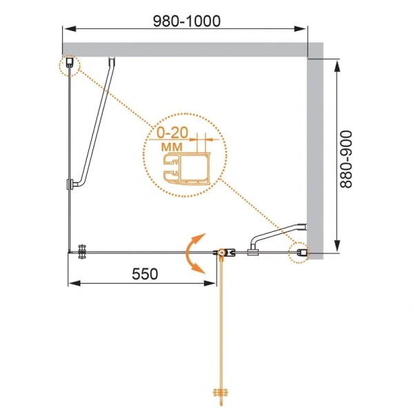 Душевой уголок Cezares Elena 100x90 см правый рифленое стекло ELENA-W-AH-1-100/90-P-Cr-R (детальная фотография), хром