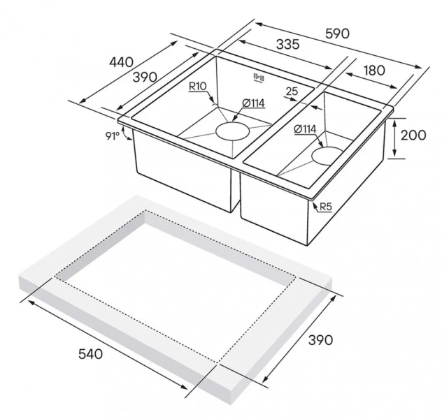 Мойка для кухни Paulmark Zusat 59 см нержавеющая сталь, левосторонняя PM225944-BSL (детальная фотография), врезные