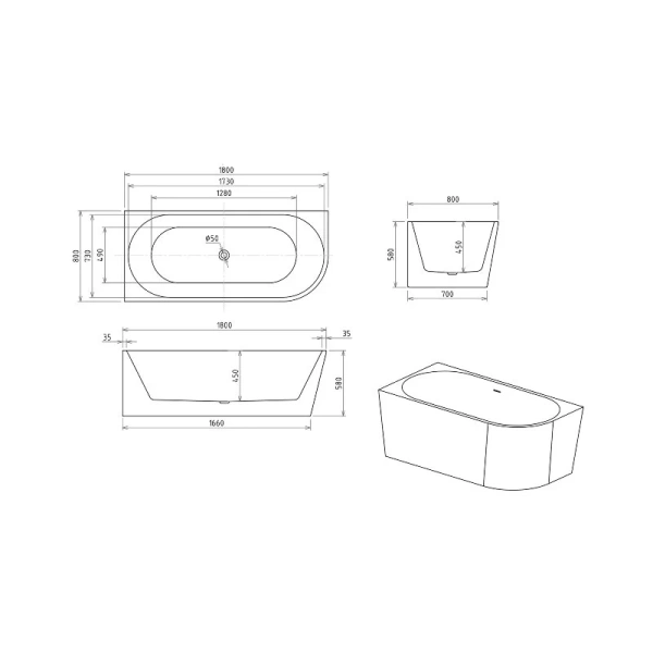 Ванна акриловая Royal Bath Riva RB610312L-CH/RB610312R-CH, 180 x 80 см, левая/правая, цвет белый (детальная фотография), современныe, hi-tech