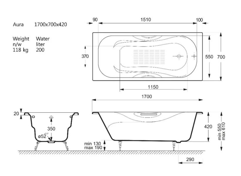 Чугунная ванна Vinsent Veron Aura VAU1707042H/VH0015CH-AS, 170 x 70 см, с антискользящим покрытием, ручки хром, цвет белый VAU1707042H/VH0015CH-AS/VH0015CH-AS (детальная фотография), чугунные