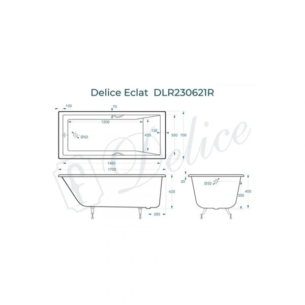Ванна чугунная Delice Eclat 170x70 см белая DLR230621R (детальная фотография), чугунные