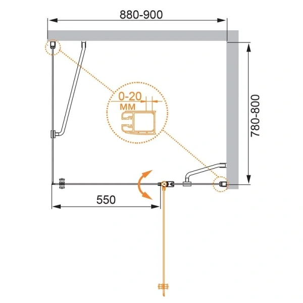 Душевой уголок Cezares Elena 90x80 см правый рифленое стекло ELENA-W-AH-1-90/80-P-Cr-R (детальная фотография), хром