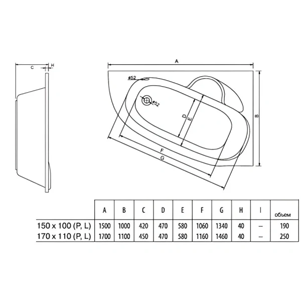 Ванна акриловая Alba Spa Katrina ВАС028030П100/ВАС029030Л100, 170 x 110 см, цвет белый, правая/левая (детальная фотография), акриловые