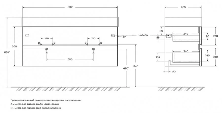 Тумба под раковину подвесная Cezares Molveno 120 см beton MOLVENO 46-120-2C-SO-2-BET (детальная фотография), в наличии